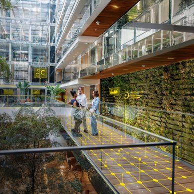 Three business professionals of diverse backgrounds engage in a discussion while standing in a spacious, well-lit office hallway featuring modern architecture and greenery.